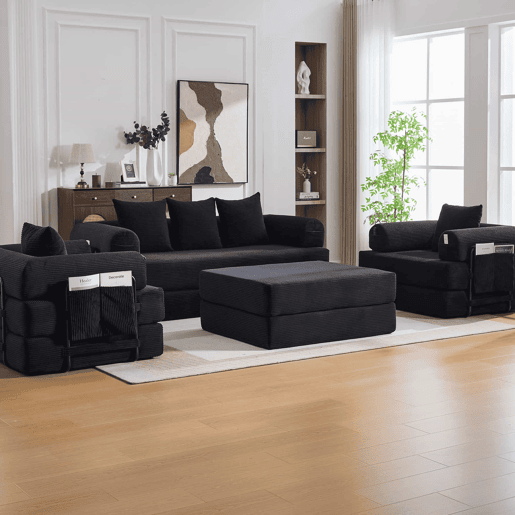 Sofá modular de 4 lugares - inclui pufe, estrutura metálica resistente, bolso lateral, 4 almofadas confortáveis - preto