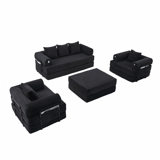 Sofá modular de 4 lugares - inclui pufe, estrutura metálica resistente, bolso lateral, 4 almofadas confortáveis - preto
