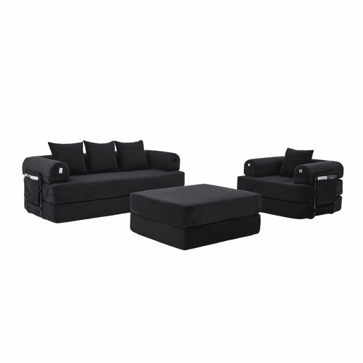 Sofá modular de 4 lugares - inclui pufe, estrutura metálica resistente, bolso lateral, 4 almofadas confortáveis - preto