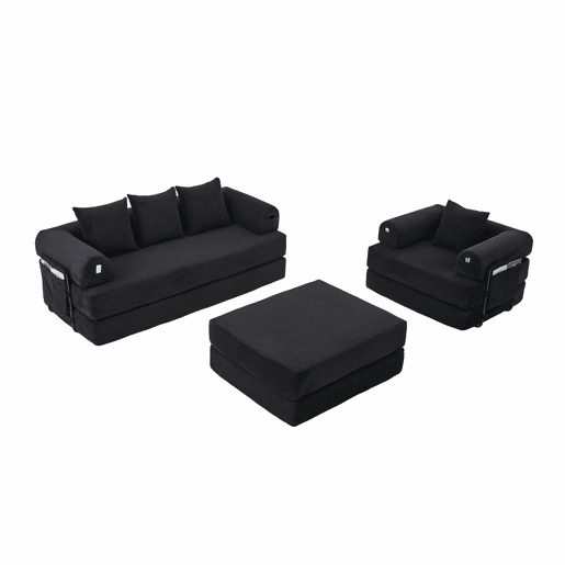 Sofá modular de 4 lugares - inclui pufe, estrutura metálica resistente, bolso lateral, 4 almofadas confortáveis - preto