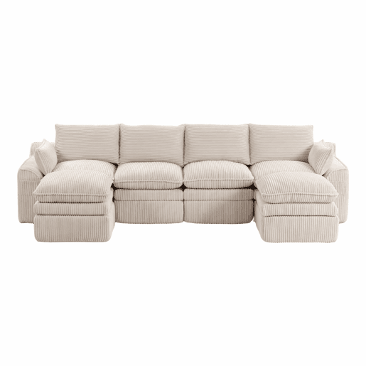 Sofá modular de 4 lugares - com 2 pufes, almofadas e 2 bolsos laterais, espuma de 3 camadas + molas para recuperação rápida - Bege