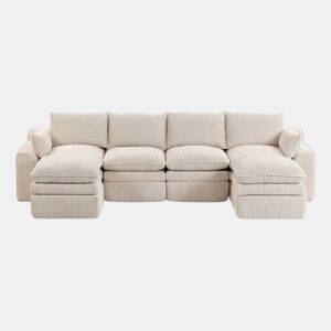 Sofá modular de 4 lugares - com 2 pufes, almofadas e 2 bolsos laterais, espuma de 3 camadas + molas para recuperação rápida - Bege
