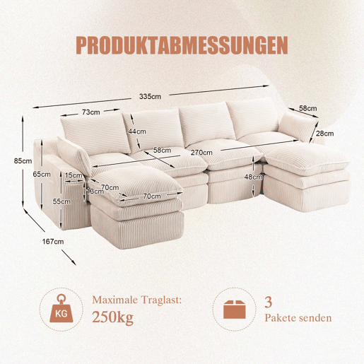 Sofá modular de 4 lugares - com 2 pufes, almofadas e 2 bolsos laterais, espuma de 3 camadas + molas para recuperação rápida - Bege
