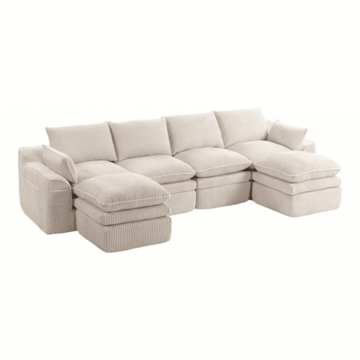 Sofá modular de 4 lugares - com 2 pufes, almofadas e 2 bolsos laterais, espuma de 3 camadas + molas para recuperação rápida - Bege