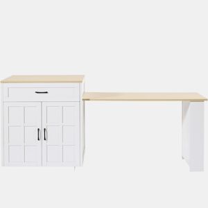 Mesa de bar extensível 133-202×70×93,5 cm - com duas gavetas, quatro compartimentos e prateleiras laterais - Branco