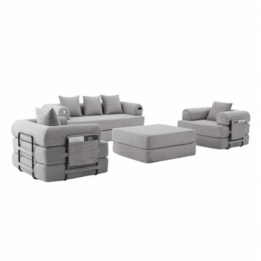 Sofá modular de 4 lugares u2013 inclui pufe, estrutura metálica, 4 almofadas, arrumação lateral u2013 cor cinzenta clara