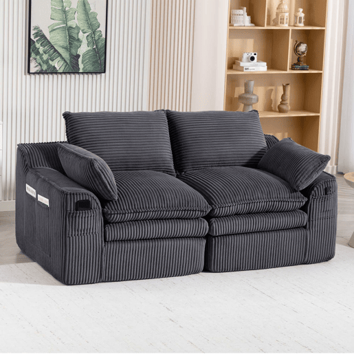 Sofá modular de veludo cotelê de 2 lugares - almofadas, bolsos laterais duplos, espuma de 3 camadas + núcleo de molas, recuperação rápida - cinzento escuro