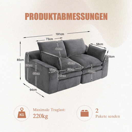 Sofá modular de veludo cotelê de 2 lugares - almofadas, bolsos laterais duplos, espuma de 3 camadas + núcleo de molas, recuperação rápida - cinzento escuro