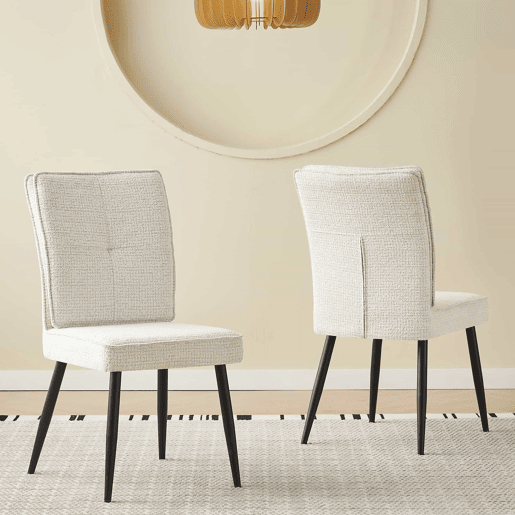 Conjunto de cadeiras de sala de jantar (2 unidades) - Cadeiras de encosto alto com pés de metal, estofadas em tecido xadrez, para sala de jantar e sala de estar - Branco creme