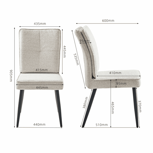 Conjunto de cadeiras de sala de jantar (2 unidades) - Cadeiras de encosto alto com pés de metal, estofadas em tecido xadrez, para sala de jantar e sala de estar - Branco creme