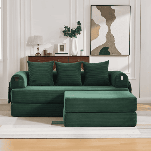 Sofá modular de 3 lugares - com pufe, estrutura em metal, 3 almofadas, estofamento extra, versátil - verde esmeralda Sofá modular de 3 lugares - com pufe, estrutura em metal, 3 almofadas, estofamento extra, versátil - verde esmeralda