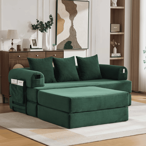 Sofá modular de 3 lugares - com pufe, estrutura em metal, 3 almofadas, estofamento extra, versátil - verde esmeralda Sofá modular de 3 lugares - com pufe, estrutura em metal, 3 almofadas, estofamento extra, versátil - verde esmeralda