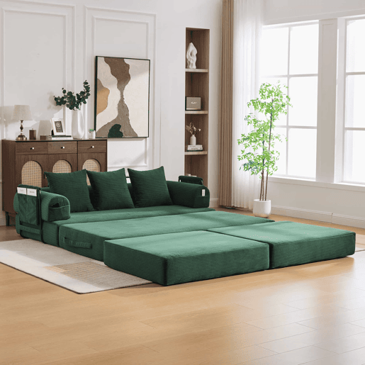 Sofá modular de 3 lugares - com pufe, estrutura em metal, 3 almofadas, estofamento extra, versátil - verde esmeralda Sofá modular de 3 lugares - com pufe, estrutura em metal, 3 almofadas, estofamento extra, versátil - verde esmeralda