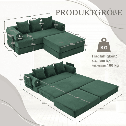 Sofá modular de 3 lugares - com pufe, estrutura em metal, 3 almofadas, estofamento extra, versátil - verde esmeralda Sofá modular de 3 lugares - com pufe, estrutura em metal, 3 almofadas, estofamento extra, versátil - verde esmeralda