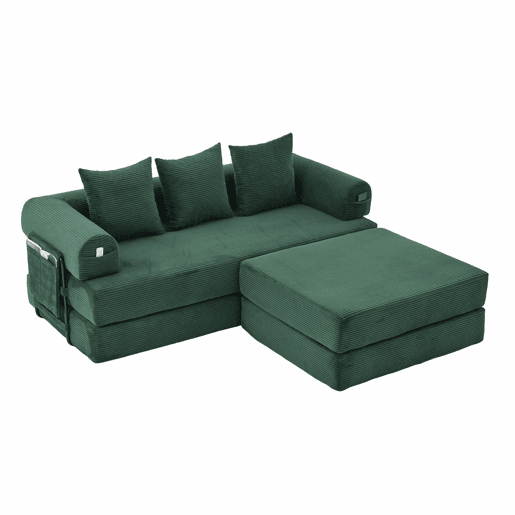 Sofá modular de 3 lugares - com pufe, estrutura em metal, 3 almofadas, estofamento extra, versátil - verde esmeralda Sofá modular de 3 lugares - com pufe, estrutura em metal, 3 almofadas, estofamento extra, versátil - verde esmeralda