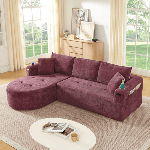 Sofá de canto em L Cloud Couch de 3 lugares - modelo pronto a montar, porta-copos em aço inoxidável resistente ao calor, tecido de linho respirável e resistente, bolsos laterais e braços - vermelho granada