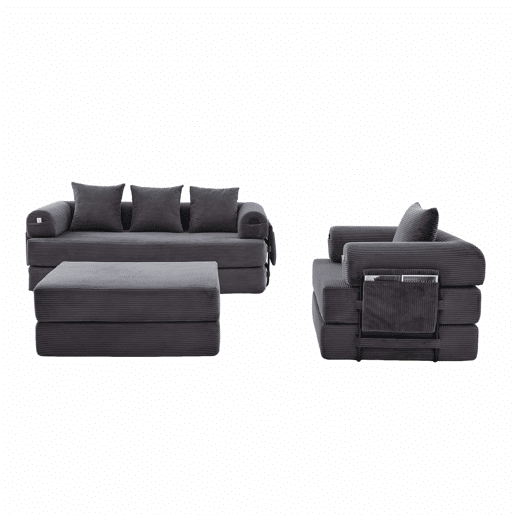 Sofá modular de 4 lugares - Cordão, com estrutura metálica e 4 almofadas - Cinza escuro Sofá modular de 4 lugares - Cordão, com estrutura metálica e 4 almofadas - Cinza escuro