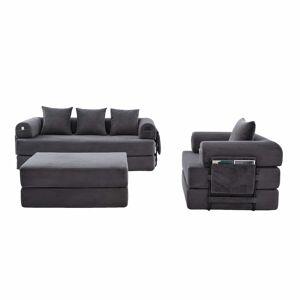 Sofá modular de 4 lugares - Cordão, com estrutura metálica e 4 almofadas - Cinza escuro