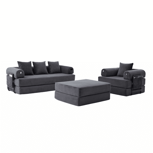 Sofá modular de 4 lugares - Cordão, com estrutura metálica e 4 almofadas - Cinza escuro Sofá modular de 4 lugares - Cordão, com estrutura metálica e 4 almofadas - Cinza escuro