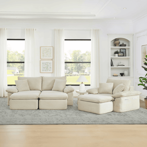 Sofá Boneless de 3 lugares - Cloud Couch com apoio para os pés, opção modular, com bolsos de arrumação - Bege