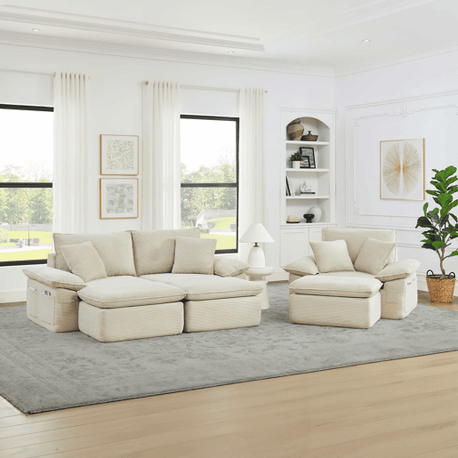 Sofá Boneless de 3 lugares - Cloud Couch com apoio para os pés, opção modular, com bolsos de arrumação - Bege