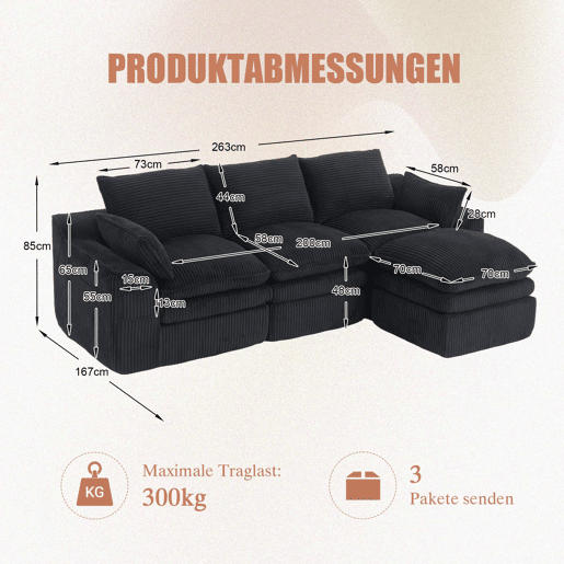 Sofá modular de 4 lugares - Inclui 2 pufes, almofadas e 2 bolsos laterais, espuma de 3 camadas + molas para uma rápida recuperação - Cor preta