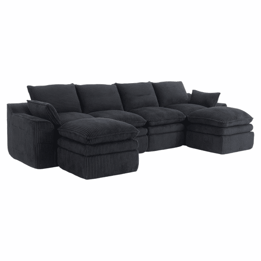 Sofá modular de 4 lugares - Inclui 2 pufes, almofadas e 2 bolsos laterais, espuma de 3 camadas + molas para uma rápida recuperação - Cor preta