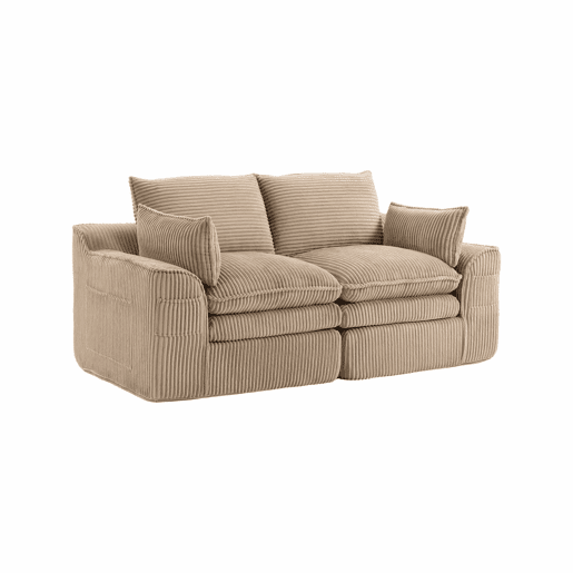 Sofá modular de veludo de 2 lugares - com almofadas incluídas, bolsos laterais de dois tamanhos, espuma de 3 camadas e núcleo de molas para recuperação rápida - cáqui