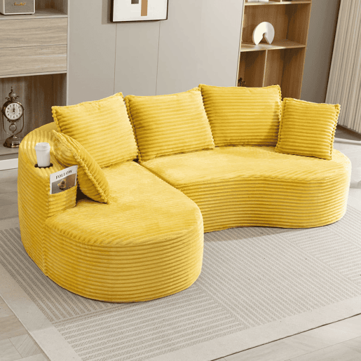 Sofá de 3 lugares - Cordão, porta-copos, prateleira de arrumação, espuma de alta densidade - Amarelo mostarda