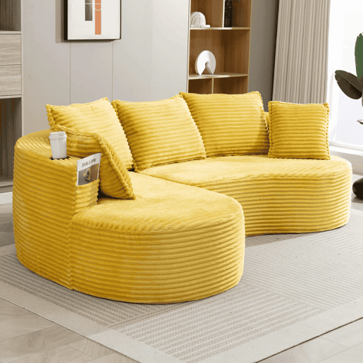 Sofá de 3 lugares - Cordão, porta-copos, prateleira de arrumação, espuma de alta densidade - Amarelo mostarda