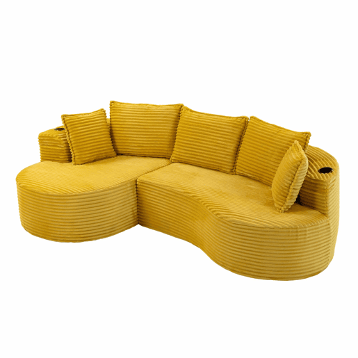 Sofá de 3 lugares - Cordão, porta-copos, prateleira de arrumação, espuma de alta densidade - Amarelo mostarda