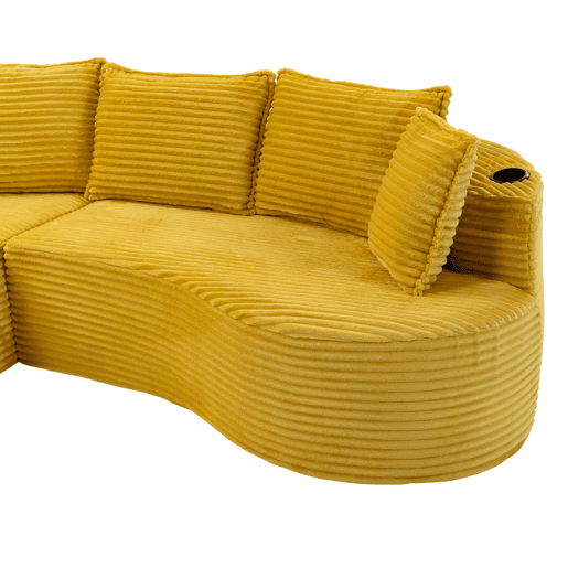 Sofá de 3 lugares - Cordão, porta-copos, prateleira de arrumação, espuma de alta densidade - Amarelo mostarda