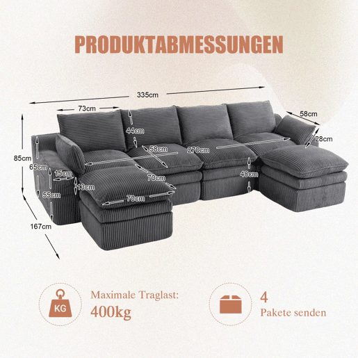 Sofá modular de 4 lugares - Inclui 2 pufes, almofadas e 2 bolsos laterais, espuma de 3 camadas + molas para recuperação rápida, combinável à vontade - Cinza escuro