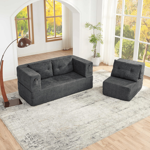 Sofá modular Nube - sofá-cama dobrável sem montagem, cama para hóspedes e sofá de chão convertível com bolsos laterais nos braços para telemóvel e comando - cinzento escuro