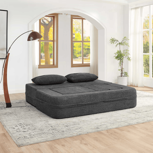 Sofá modular Nube - sofá-cama dobrável sem montagem, cama para hóspedes e sofá de chão convertível com bolsos laterais nos braços para telemóvel e comando - cinzento escuro