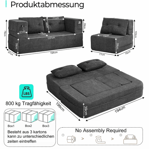 Sofá modular Nube - sofá-cama dobrável sem montagem, cama para hóspedes e sofá de chão convertível com bolsos laterais nos braços para telemóvel e comando - cinzento escuro