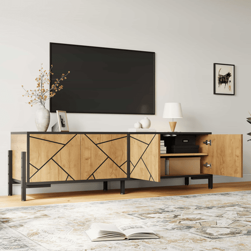Móvel baixo para televisão 153 x 40 x 50 cm - 4 portas, design geométrico contrastante, adequado para televisores de 65 polegadas, linhas pretas - madeira natural