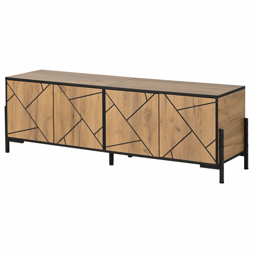 Móvel baixo para televisão 153 x 40 x 50 cm - 4 portas, design geométrico contrastante, adequado para televisores de 65 polegadas, linhas pretas - madeira natural