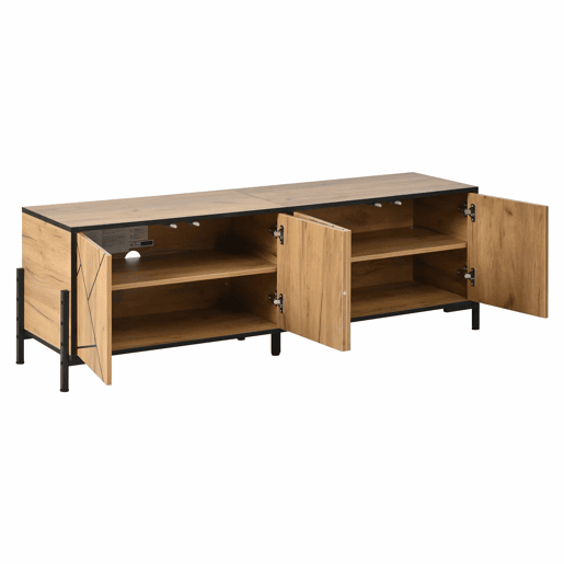 Móvel baixo para televisão 153 x 40 x 50 cm - 4 portas, design geométrico contrastante, adequado para televisores de 65 polegadas, linhas pretas - madeira natural