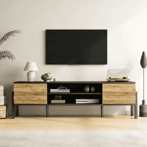 Móvel de TV 175x39,5x53 cm - Lowboard com 2 armários e espaço de armazenamento aberto, suporte para TV até 70 polegadas - Preto