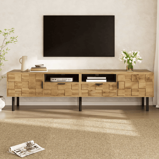Móvel de TV Mosaik com 2 portas e 2 gavetas - Móvel baixo para sala de estar com 2 prateleiras abertas, pés metálicos - Cor natural