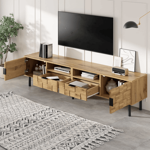 Móvel de TV Mosaik com 2 portas e 2 gavetas - Móvel baixo para sala de estar com 2 prateleiras abertas, pés metálicos - Cor natural