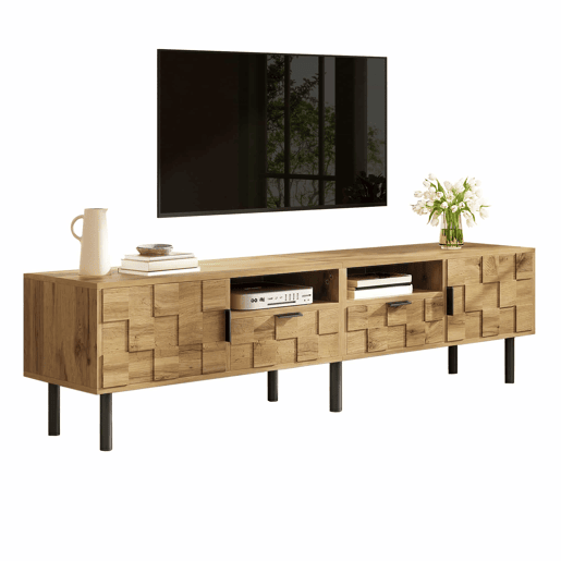 Móvel de TV Mosaik com 2 portas e 2 gavetas - Móvel baixo para sala de estar com 2 prateleiras abertas, pés metálicos - Cor natural