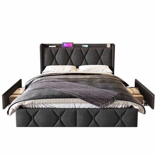 Cama estofada 160x200 cm - com porta USB, cabeceira e 4 gavetas de arrumação, base de madeira - cinzenta