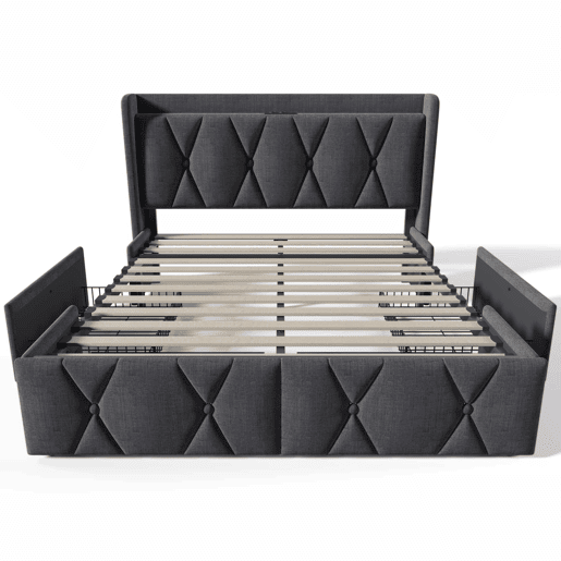 Cama estofada 160x200 cm - com porta USB, cabeceira e 4 gavetas de arrumação, base de madeira - cinzenta