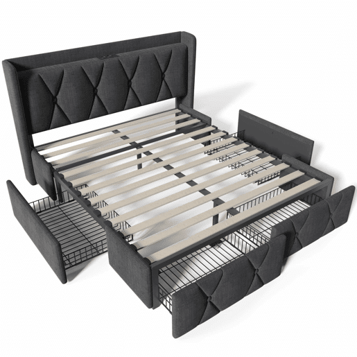 Cama estofada 160x200 cm - com porta USB, cabeceira e 4 gavetas de arrumação, base de madeira - cinzenta