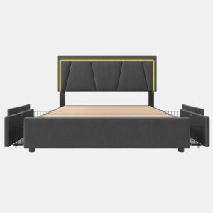Cama estofada 160x200 cm - 4 gavetas, cabeceira ajustável, LED, base de madeira - cinzenta