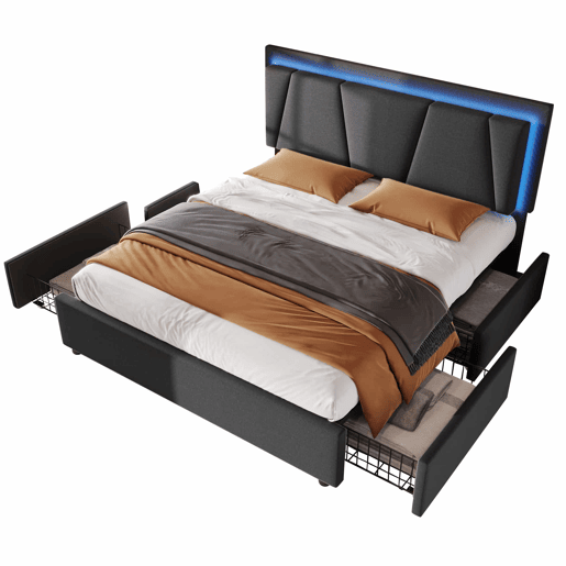 Cama estofada 160x200 cm - 4 gavetas, cabeceira ajustável, LED, base de madeira - cinzenta