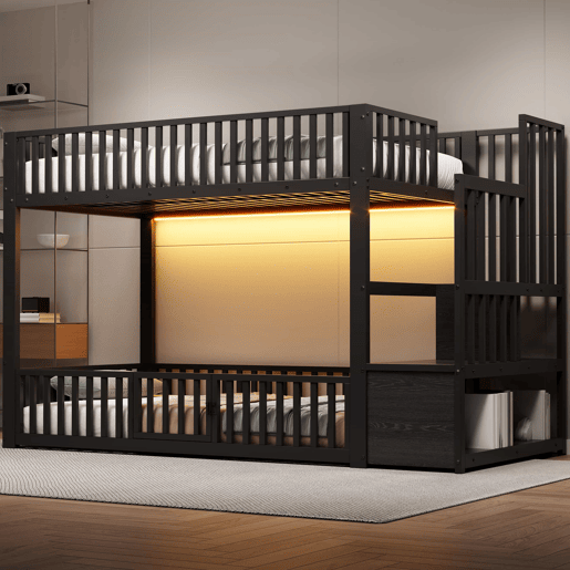 Beliche 90 x 200 cm u2013 com escada com espaço de arrumação e LED u2013 preto