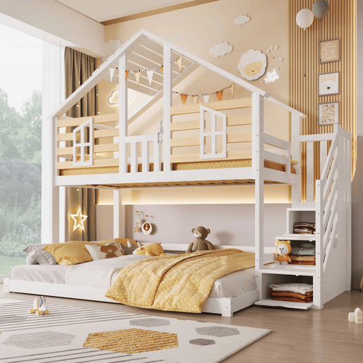 Beliche 90x200cm+140x200cm - design casinha, janela, escada com prateleira - branco + natural